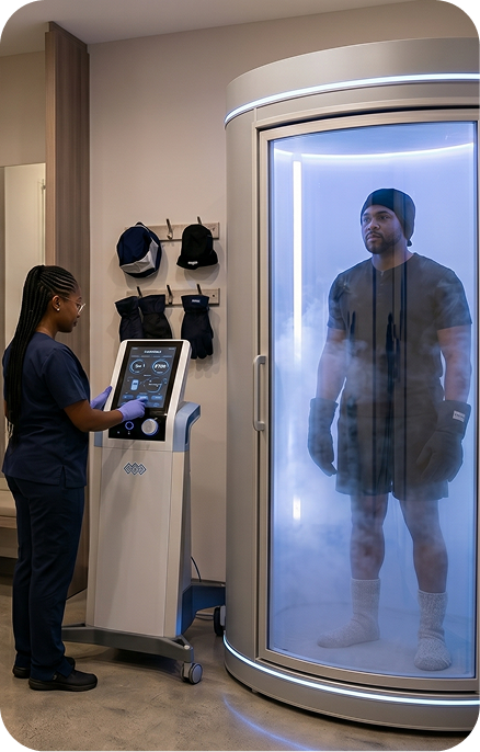 Patient in vertical cryotherapy chamber